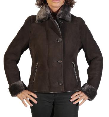 Ladies Black Short Brown Sheepskin Jacket - SL12601